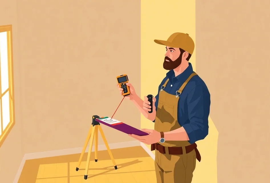 Artisan mesurant une pièce pour établir un devis de peinture à Fosses