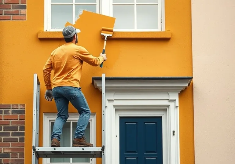 Peintre sur échafaudage traitant la façade d'une maison