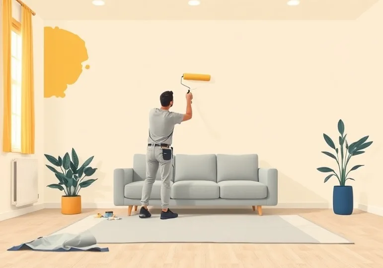 Peintre appliquant la peinture au rouleau sur un mur de salon